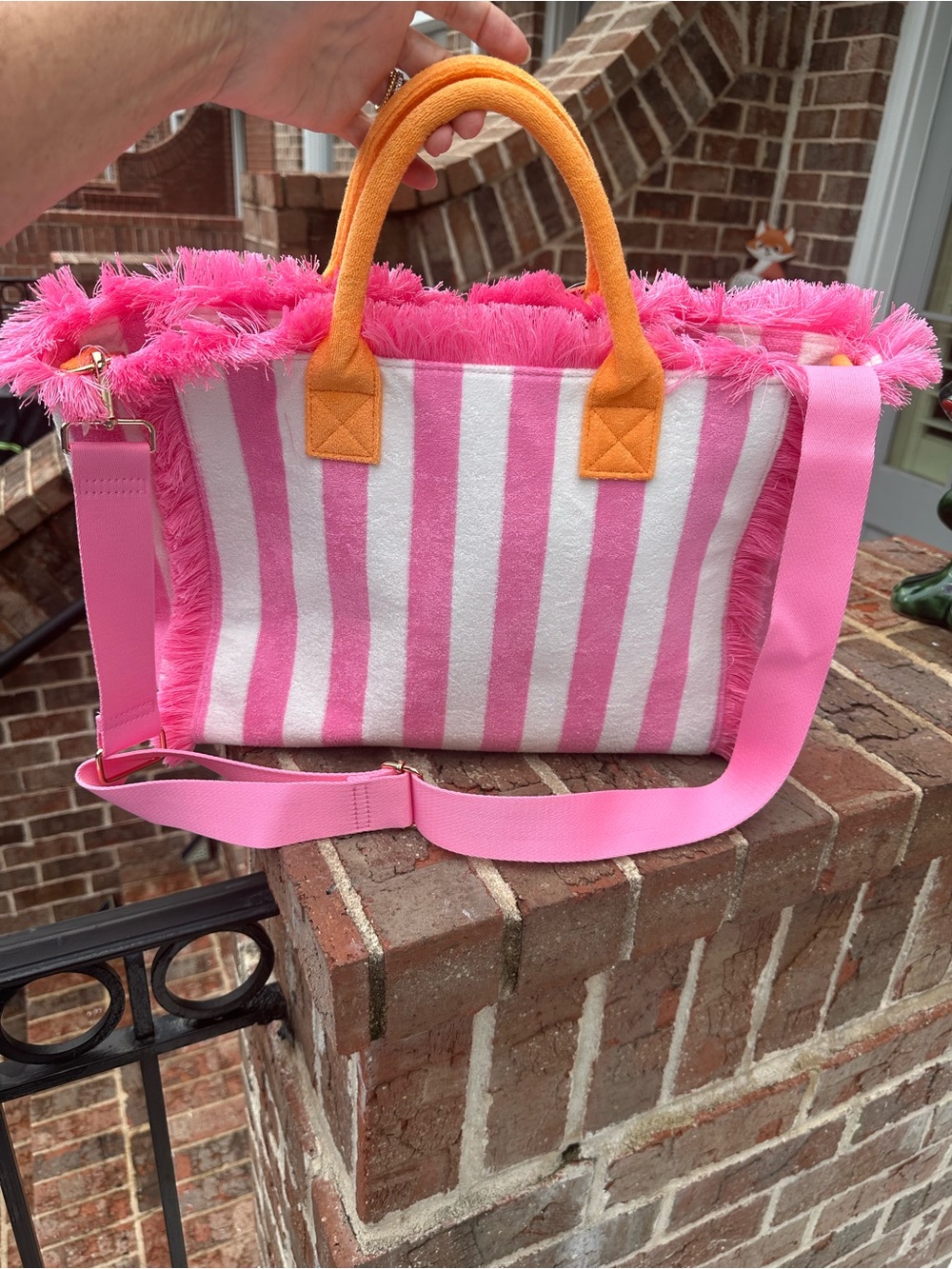 Shiraleah Pink & White Striped Tote Bag with Orange Handles NWT